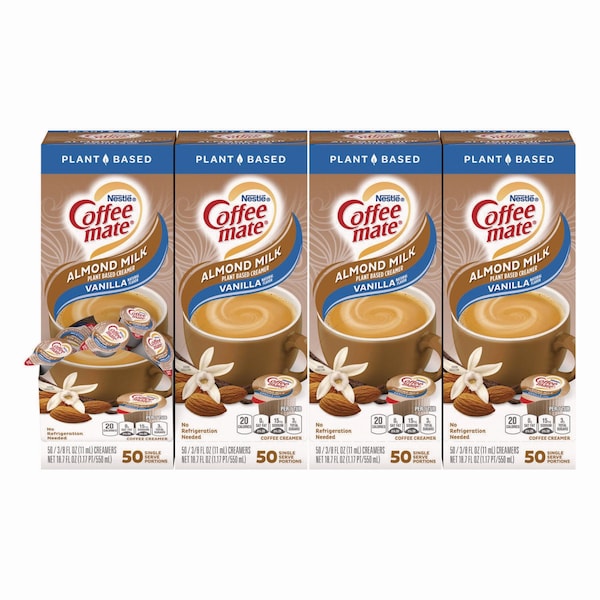 Coffee Mate Plant-Based Almond Milk Non-Dairy Liquid Creamer Singles, Natural Vanilla, 0.38 oz Tubs, 200PK 12461537 - main
